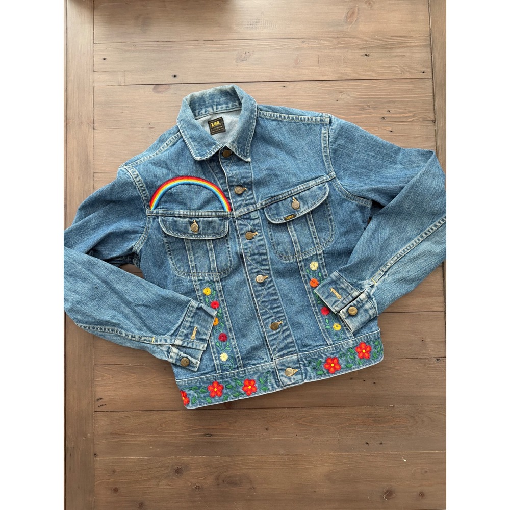 LEE Vintage Denim Jacket Blue Embroidered Rainbow Floral Women's Size S/M
